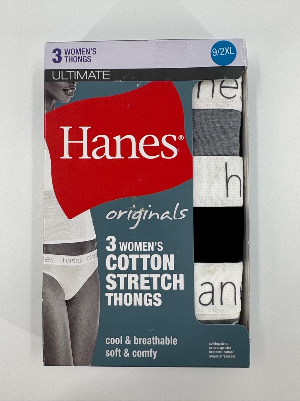 NWT Hanes Women's Cotton Stretch Thongs - Black & Gray & White (3 Pack) Size 9
